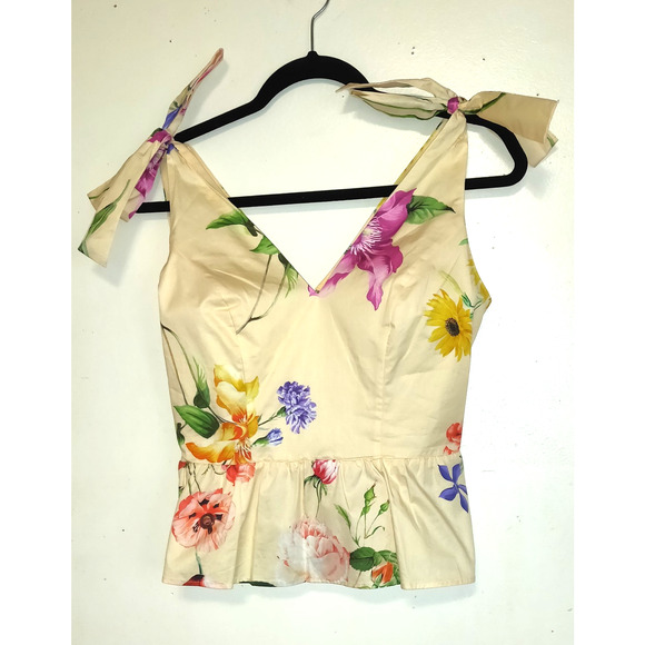 Express Yellow Crop Halter Top Sz XS Tropical Floral NEW NWT 100% Cotton Hawaii - Picture 1 of 13
